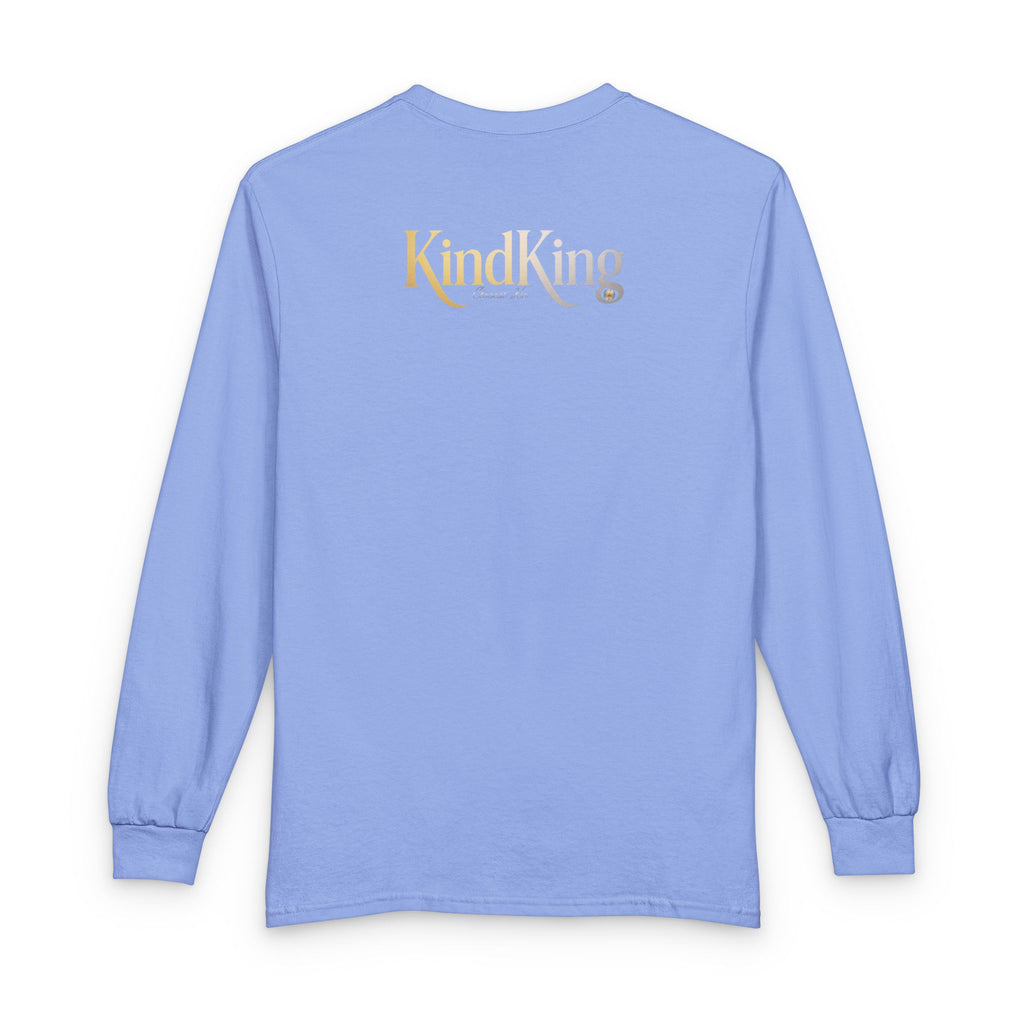 KindKing Metallic Script Long Sleeve Tee — Gold Lettering "KindKing" Chest with KindKing Back Logo
