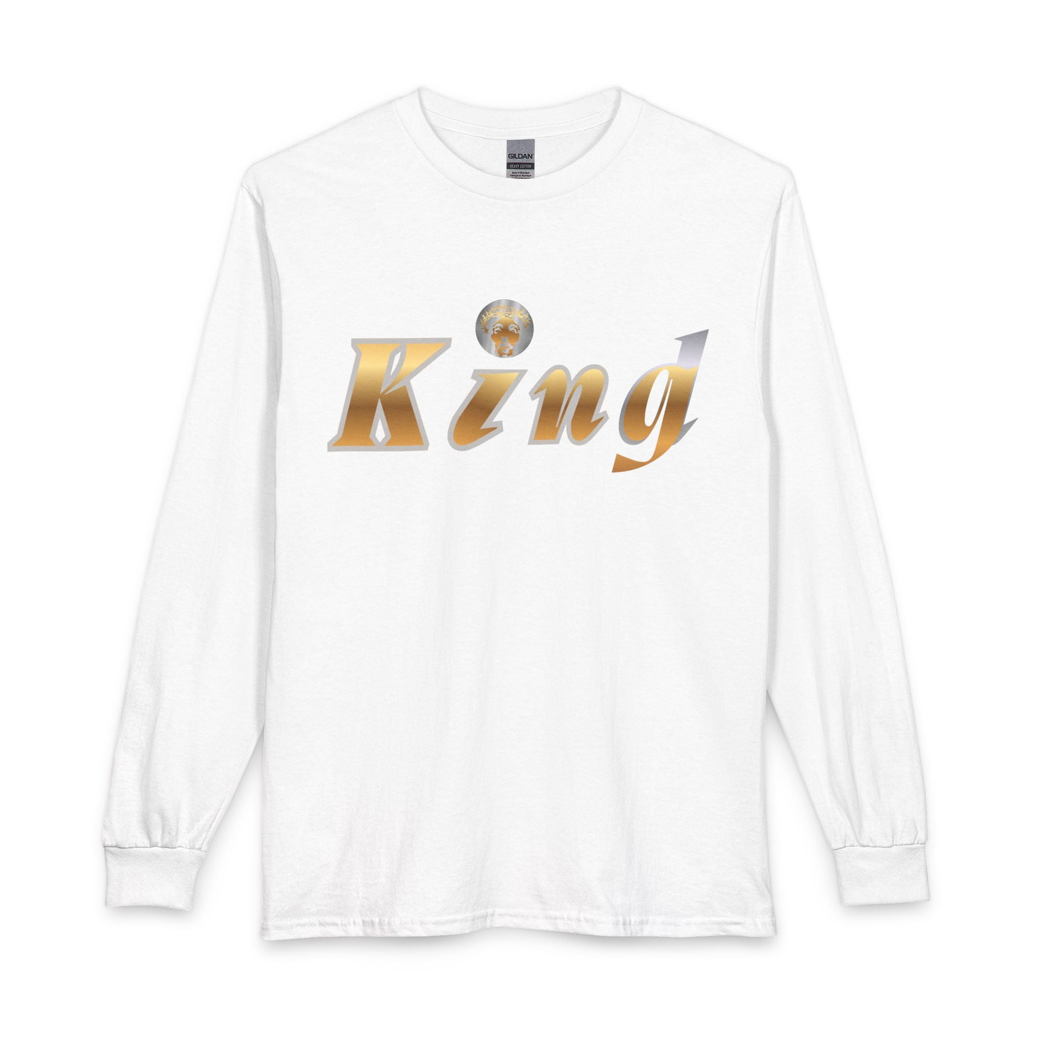 KindKing Metallic Script Long Sleeve Tee — Gold Lettering "KindKing" Chest with KindKing Back Logo