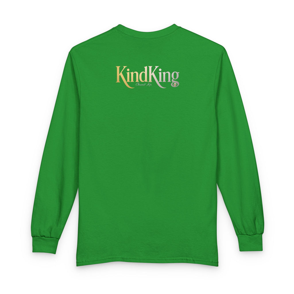 KindKing Metallic Script Long Sleeve Tee — Gold Lettering "KindKing" Chest with KindKing Back Logo