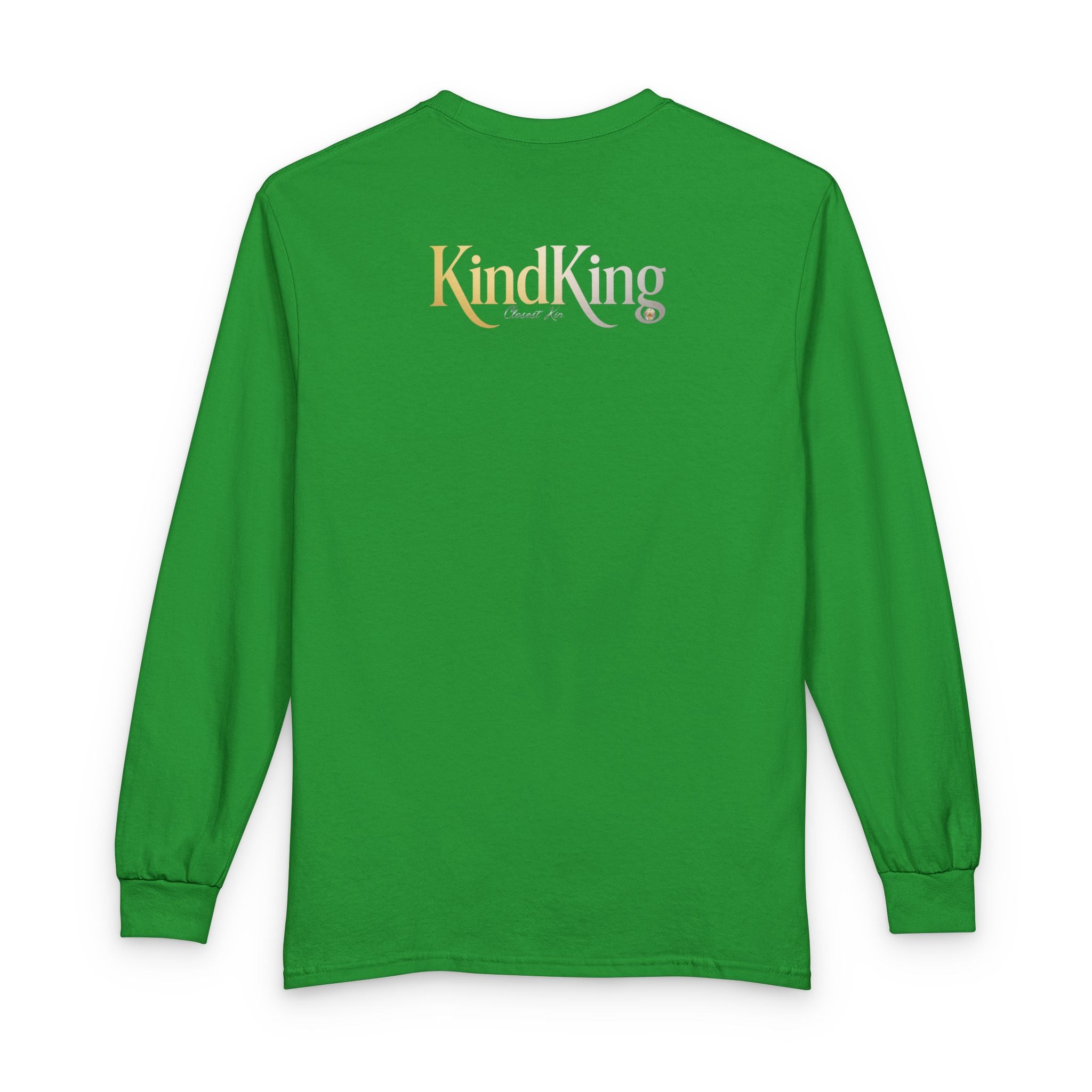 KindKing Metallic Script Long Sleeve Tee — Gold Lettering "KindKing" Chest with KindKing Back Logo