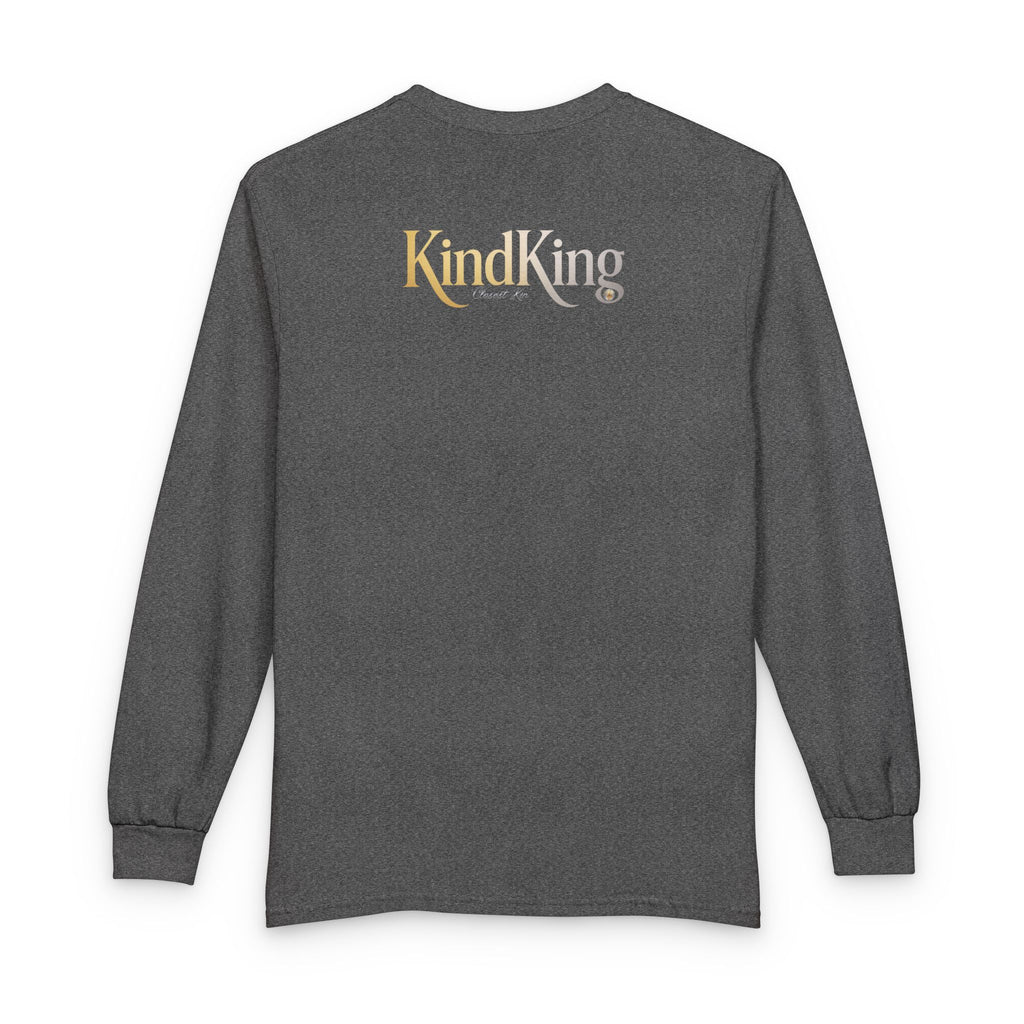 KindKing Metallic Script Long Sleeve Tee — Gold Lettering "KindKing" Chest with KindKing Back Logo