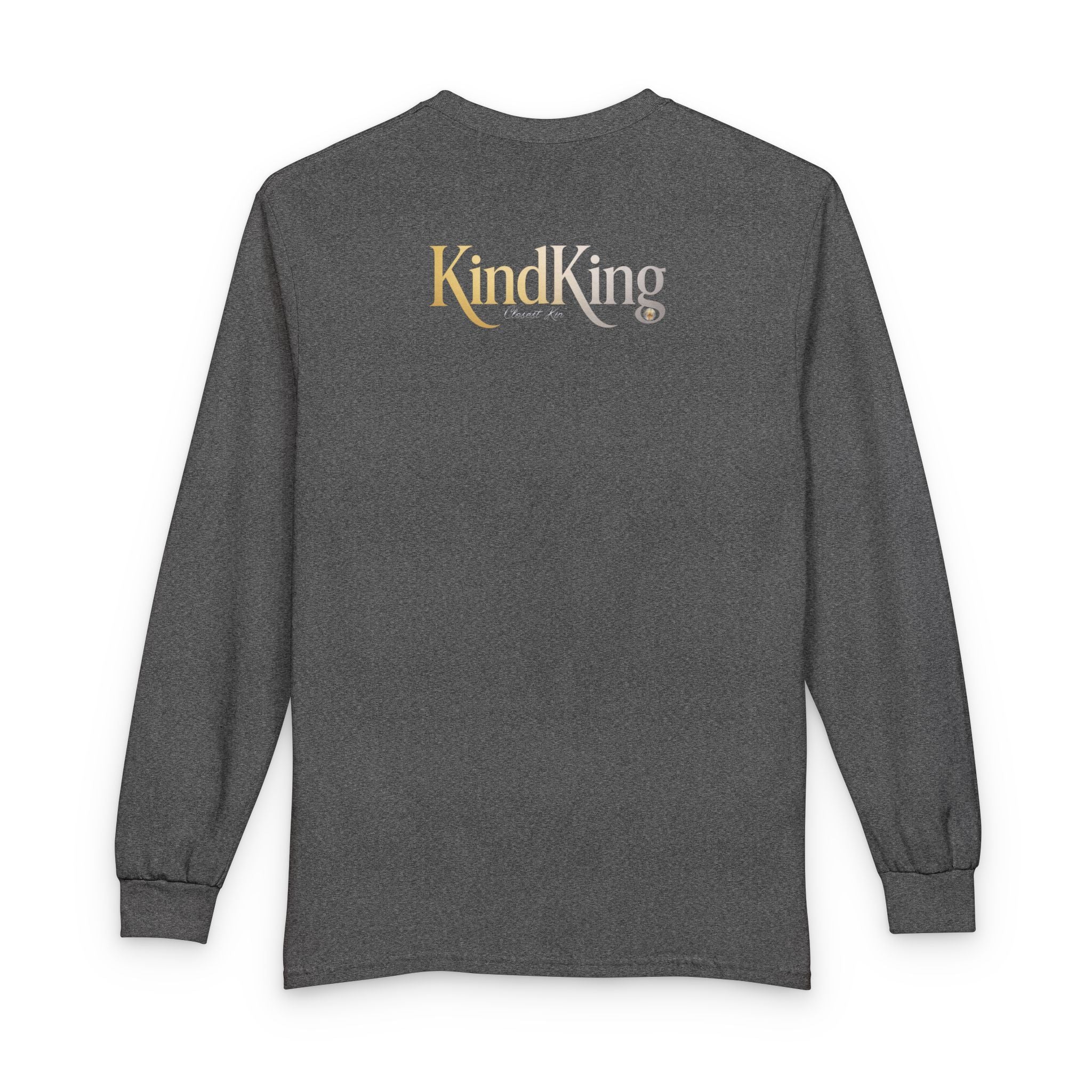 KindKing Metallic Script Long Sleeve Tee — Gold Lettering "KindKing" Chest with KindKing Back Logo