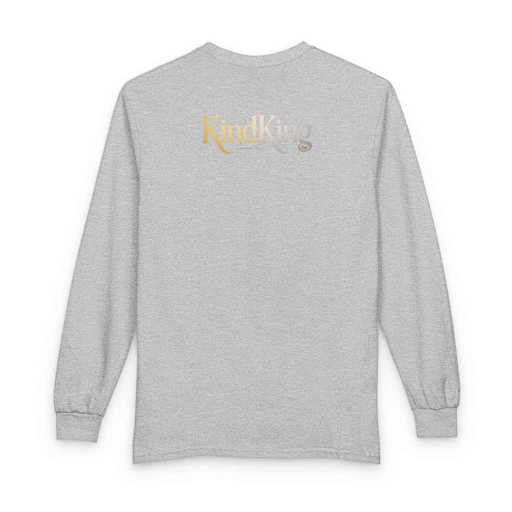 KindKing Metallic Script Long Sleeve Tee — Gold Lettering "KindKing" Chest with KindKing Back Logo