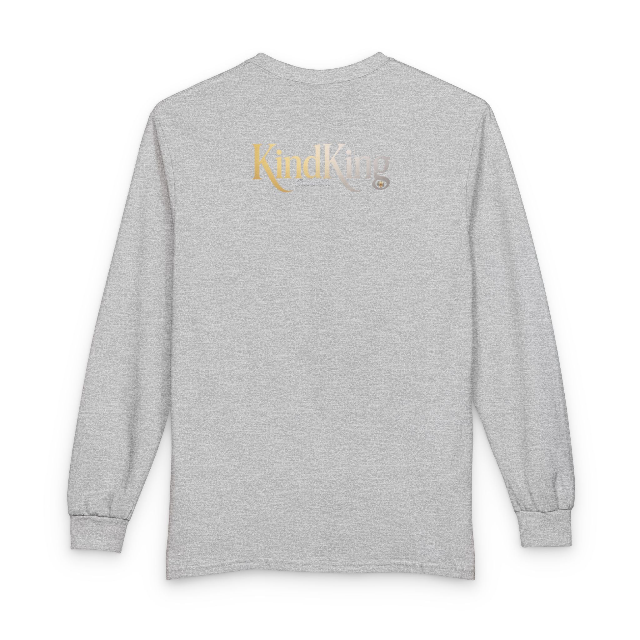 KindKing Metallic Script Long Sleeve Tee — Gold Lettering "KindKing" Chest with KindKing Back Logo