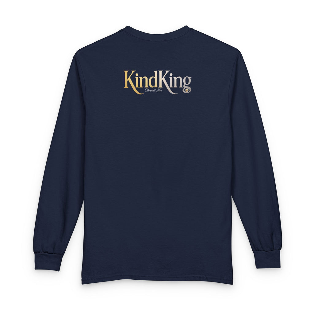 KindKing Metallic Script Long Sleeve Tee — Gold Lettering "KindKing" Chest with KindKing Back Logo