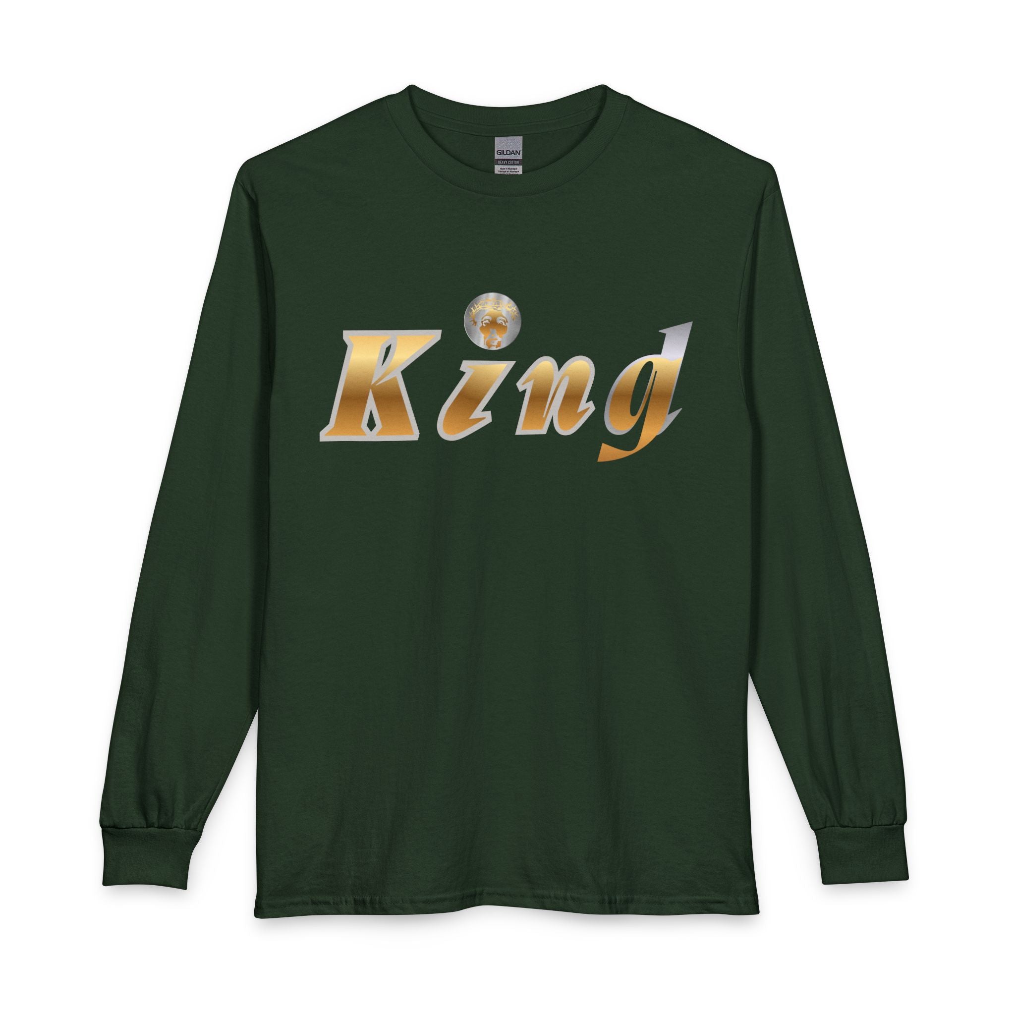 KindKing Metallic Script Long Sleeve Tee — Gold Lettering "KindKing" Chest with KindKing Back Logo