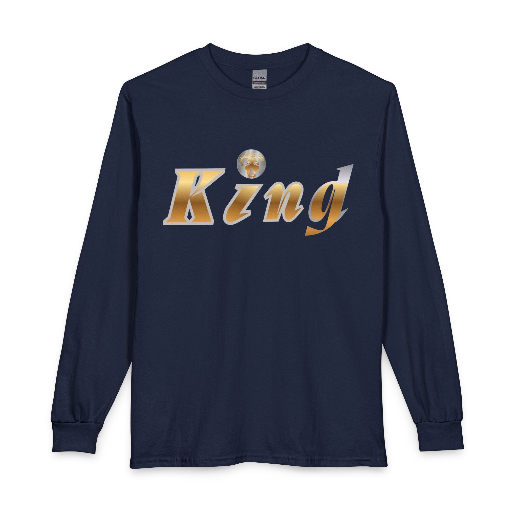 KindKing Metallic Script Long Sleeve Tee — Gold Lettering "KindKing" Chest with KindKing Back Logo