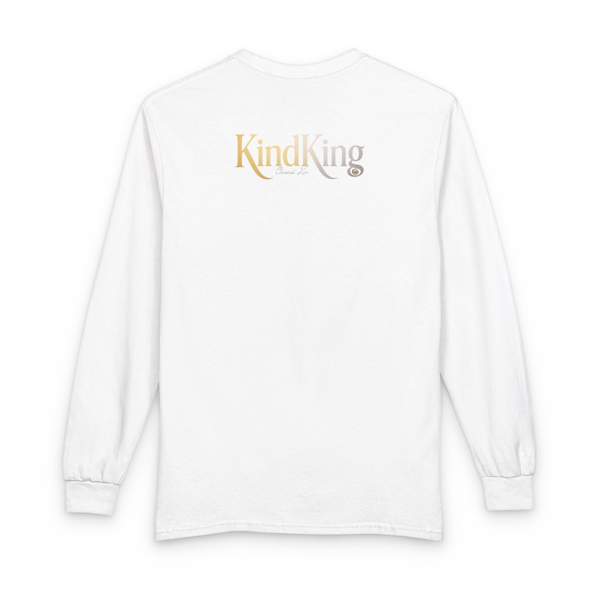 KindKing Metallic Script Long Sleeve Tee — Gold Lettering "KindKing" Chest with KindKing Back Logo