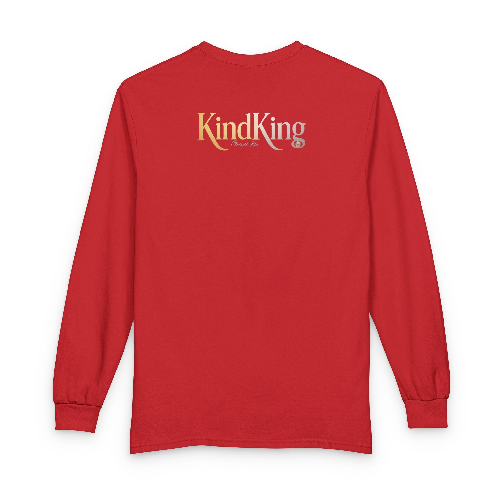 KindKing Metallic Script Long Sleeve Tee — Gold Lettering "KindKing" Chest with KindKing Back Logo