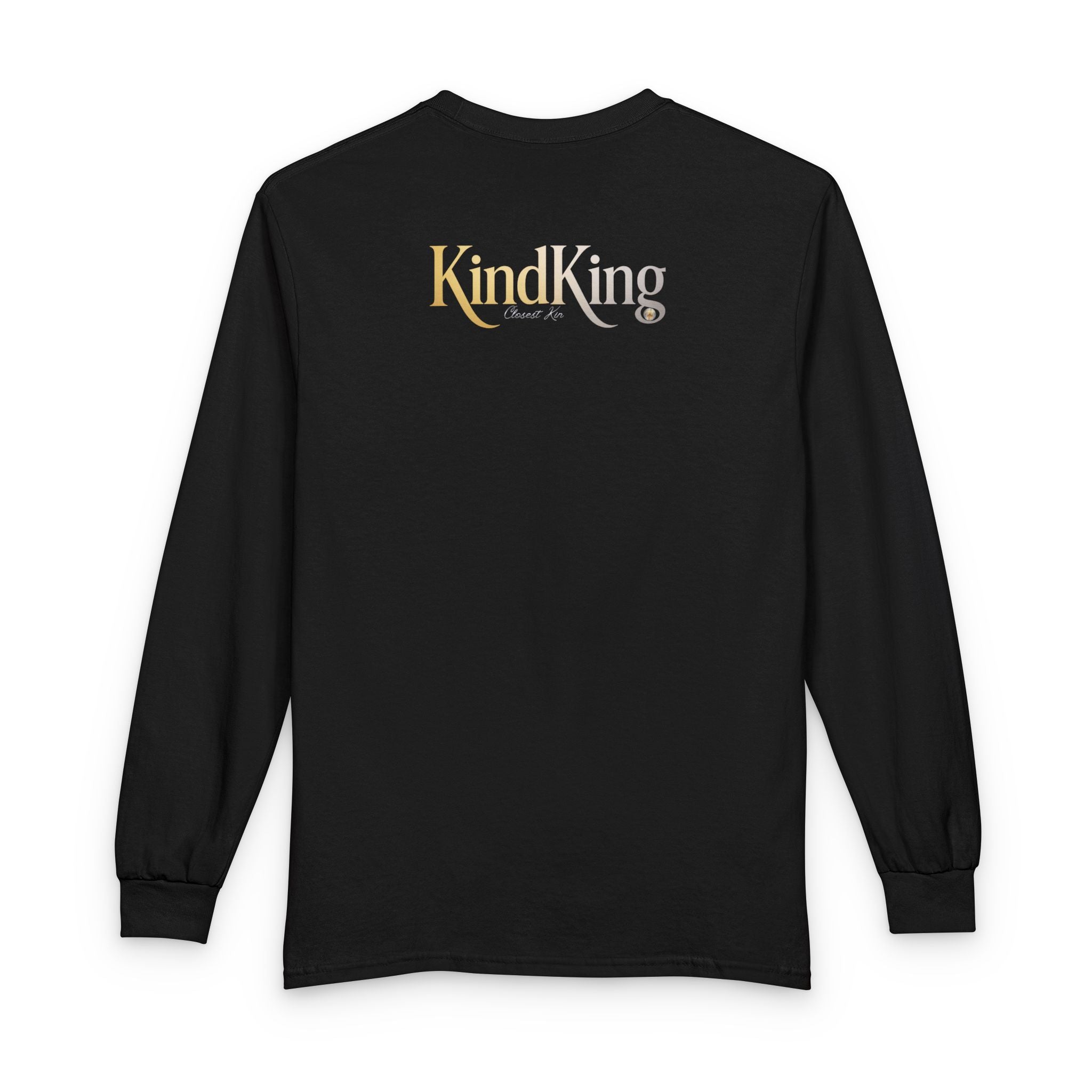 KindKing Metallic Script Long Sleeve Tee — Gold Lettering "KindKing" Chest with KindKing Back Logo