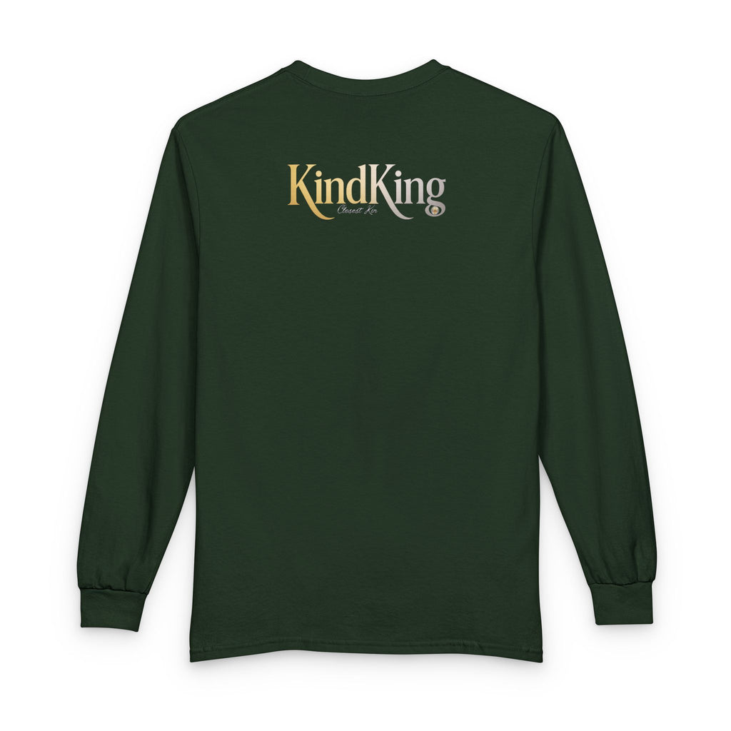 KindKing Metallic Script Long Sleeve Tee — Gold Lettering "KindKing" Chest with KindKing Back Logo
