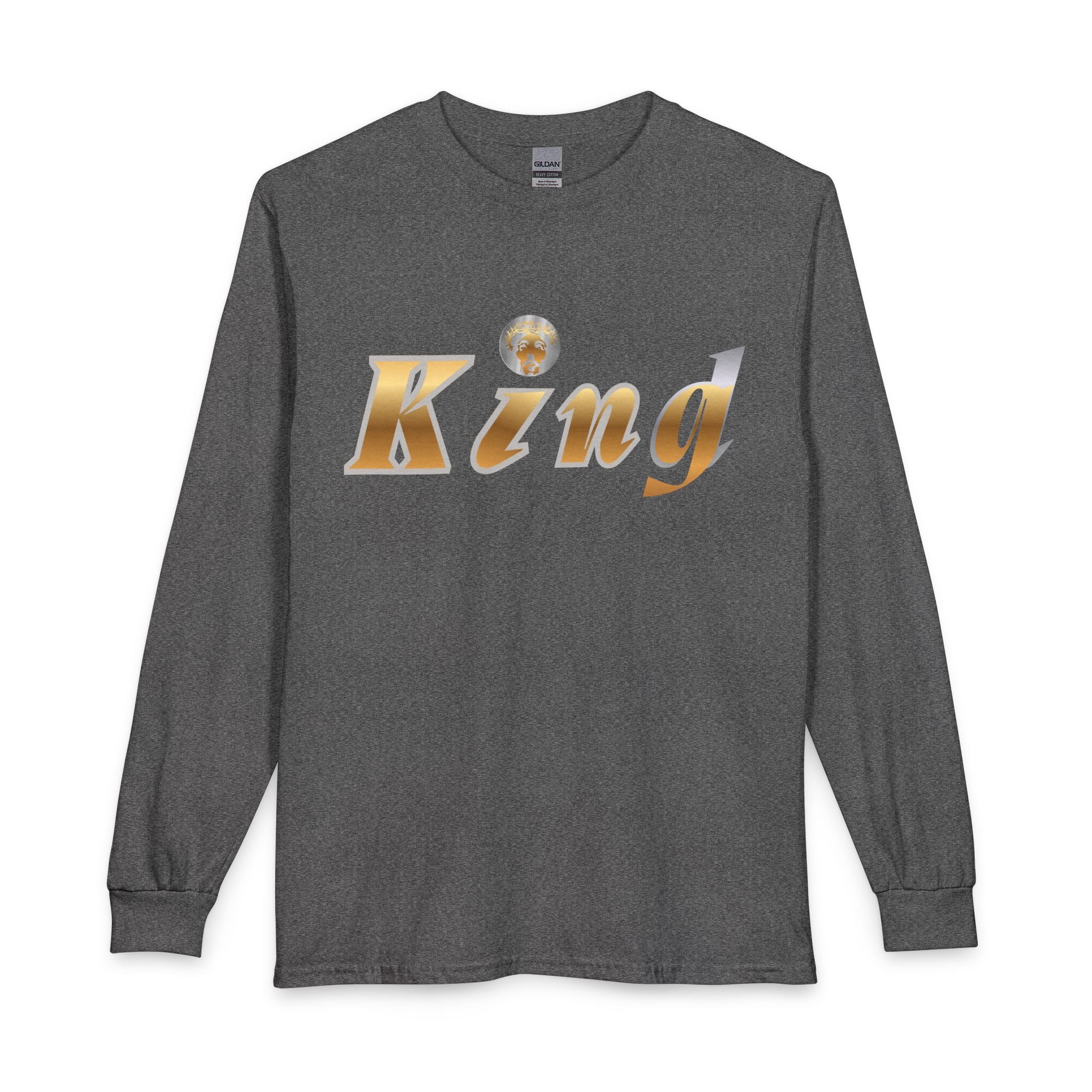 KindKing Metallic Script Long Sleeve Tee — Gold Lettering "KindKing" Chest with KindKing Back Logo