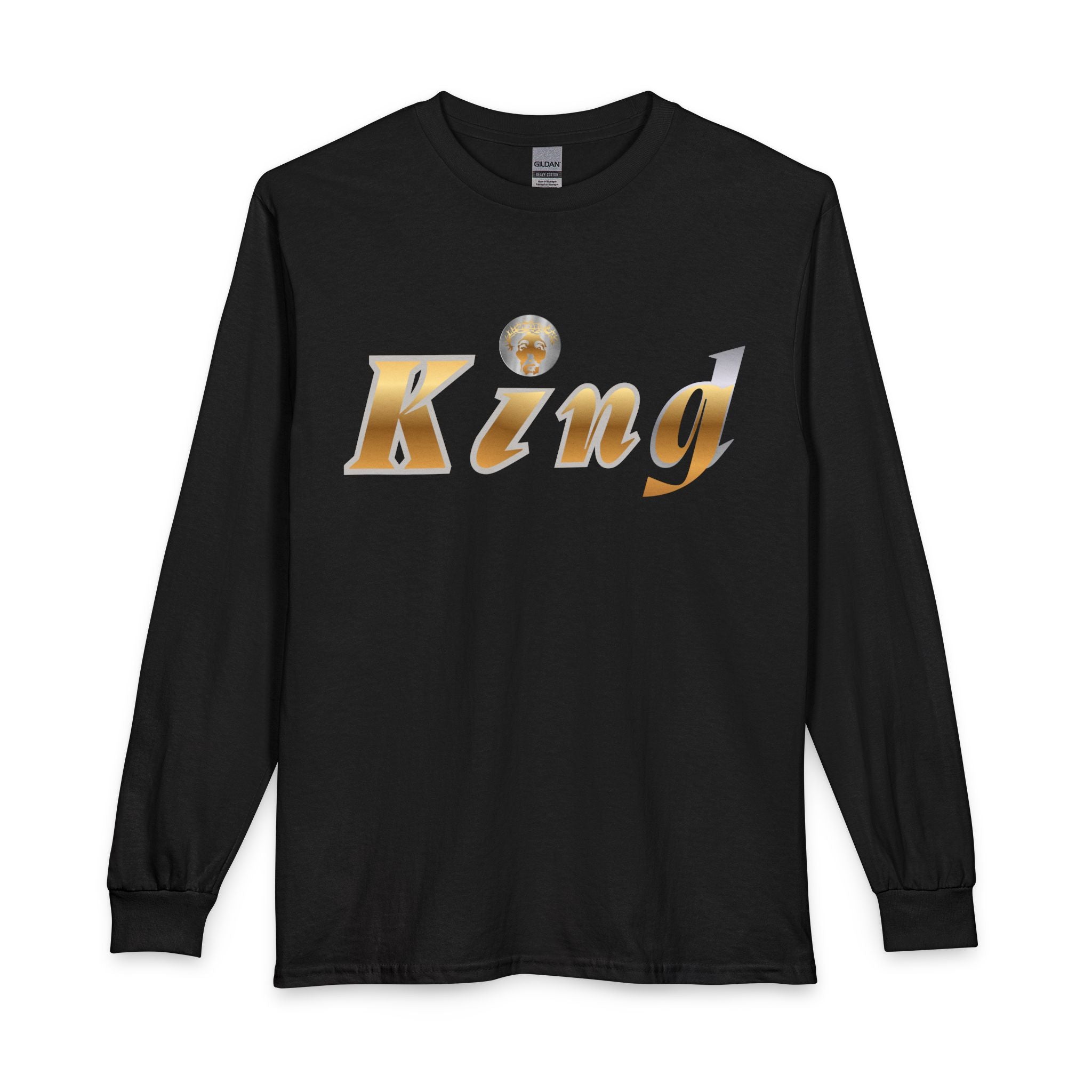 KindKing Metallic Script Long Sleeve Tee — Gold Lettering "KindKing" Chest with KindKing Back Logo