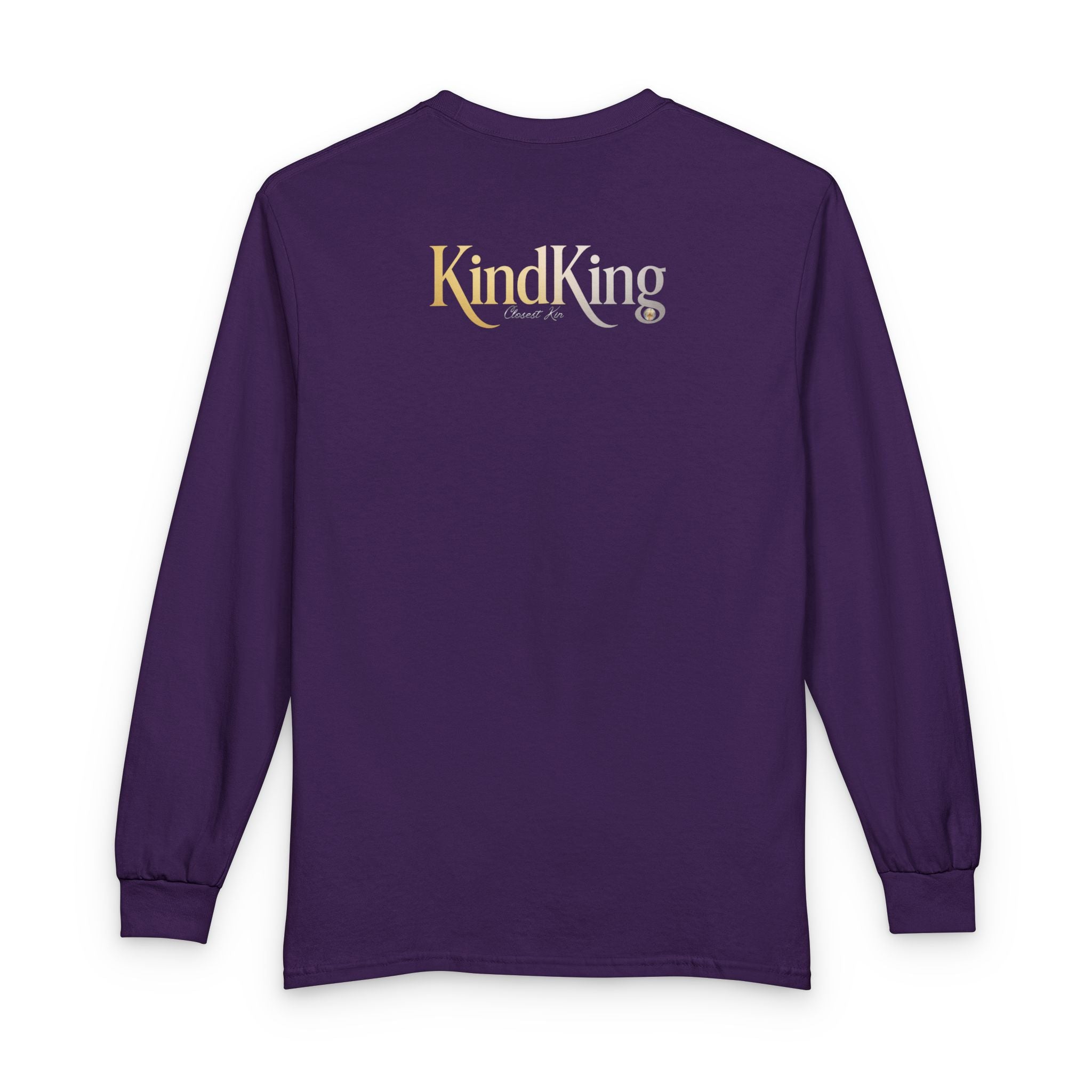 KindKing Metallic Script Long Sleeve Tee — Gold Lettering "KindKing" Chest with KindKing Back Logo