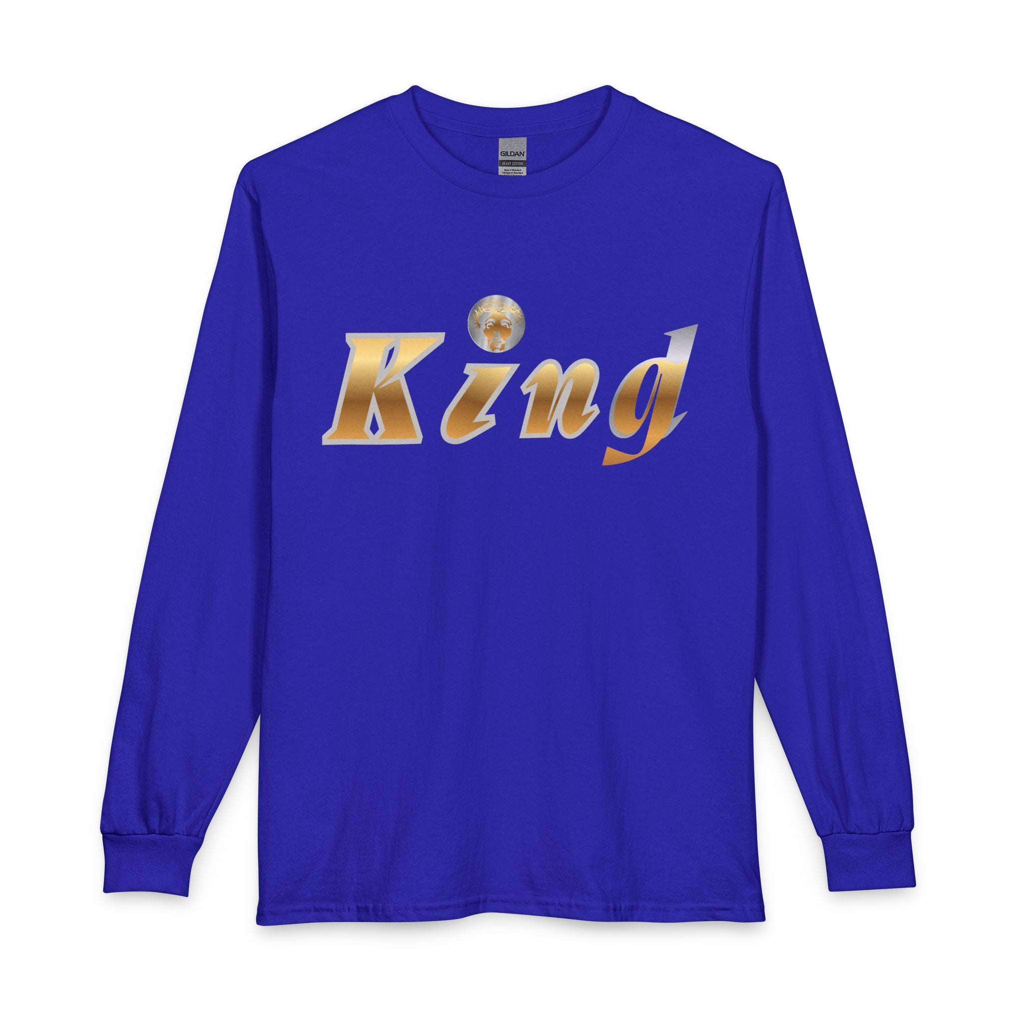 KindKing Metallic Script Long Sleeve Tee — Gold Lettering "KindKing" Chest with KindKing Back Logo