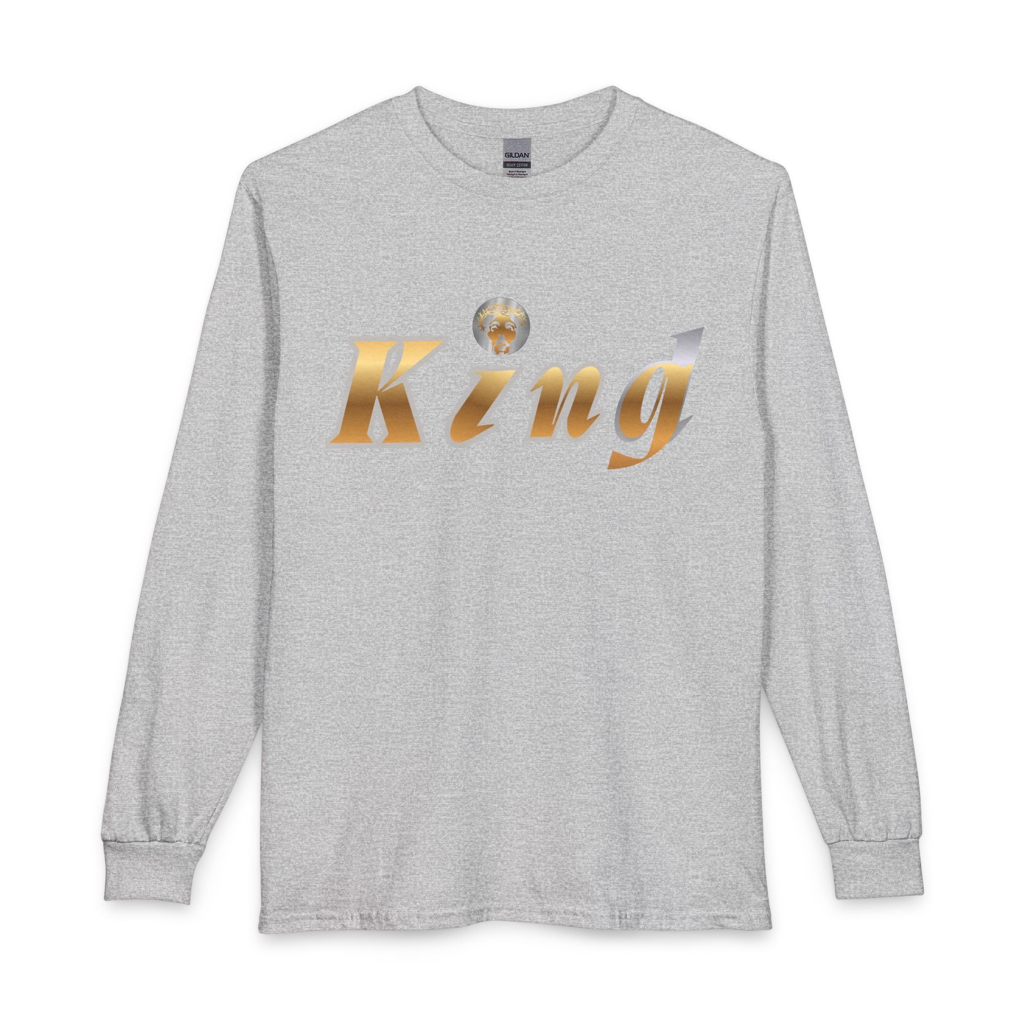 KindKing Metallic Script Long Sleeve Tee — Gold Lettering "KindKing" Chest with KindKing Back Logo