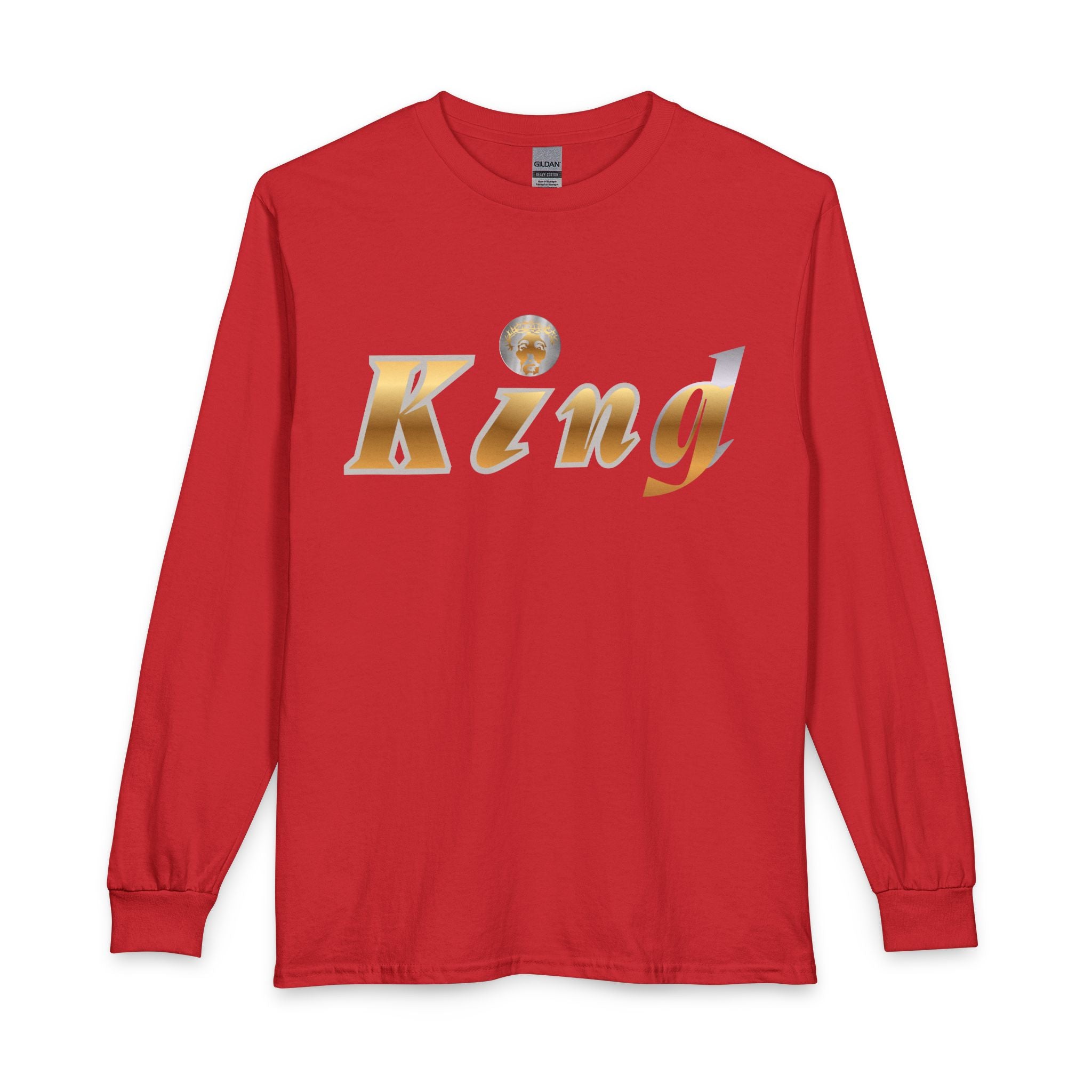 KindKing Metallic Script Long Sleeve Tee — Gold Lettering "KindKing" Chest with KindKing Back Logo