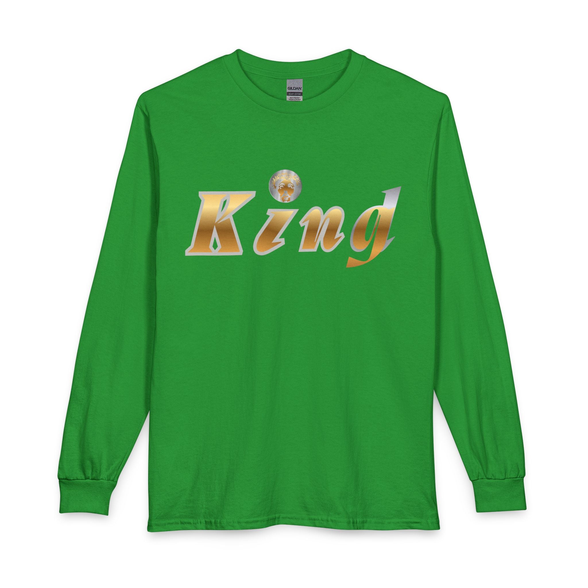 KindKing Metallic Script Long Sleeve Tee — Gold Lettering "KindKing" Chest with KindKing Back Logo