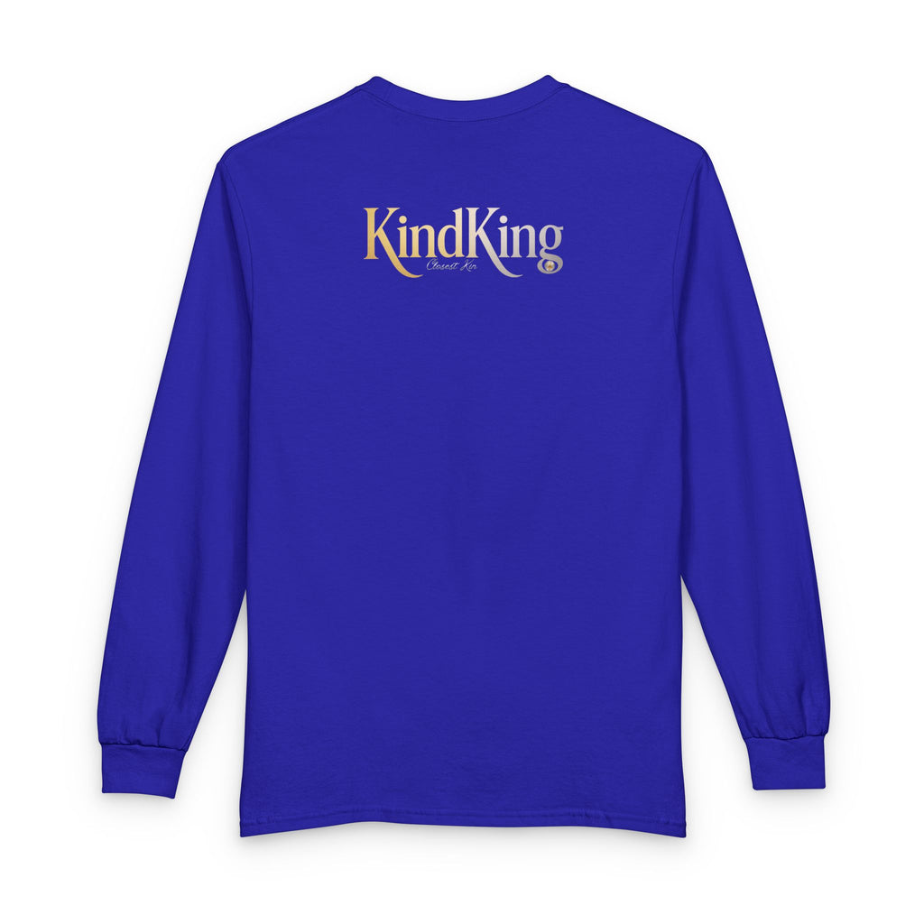 KindKing Metallic Script Long Sleeve Tee — Gold Lettering "KindKing" Chest with KindKing Back Logo